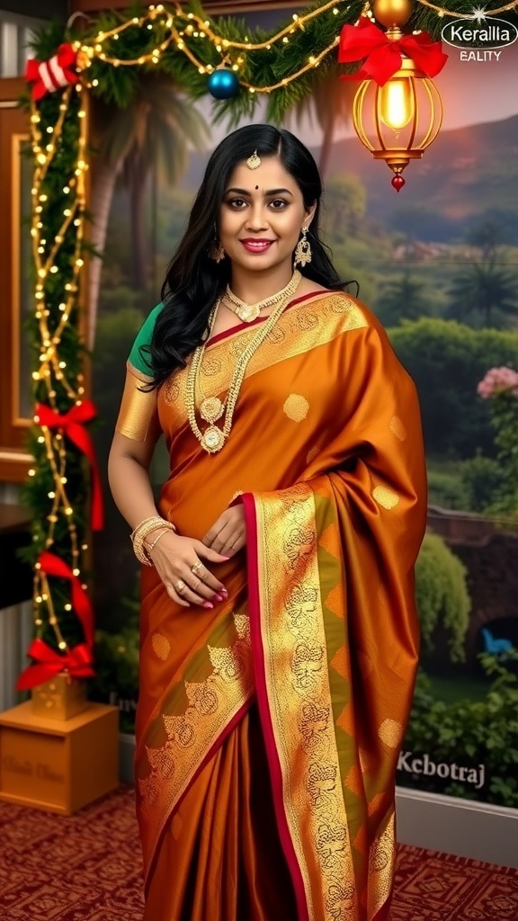 A woman in a traditional kasavu saree celebrating Christmas in Kerala, surrounded by festive decorations.